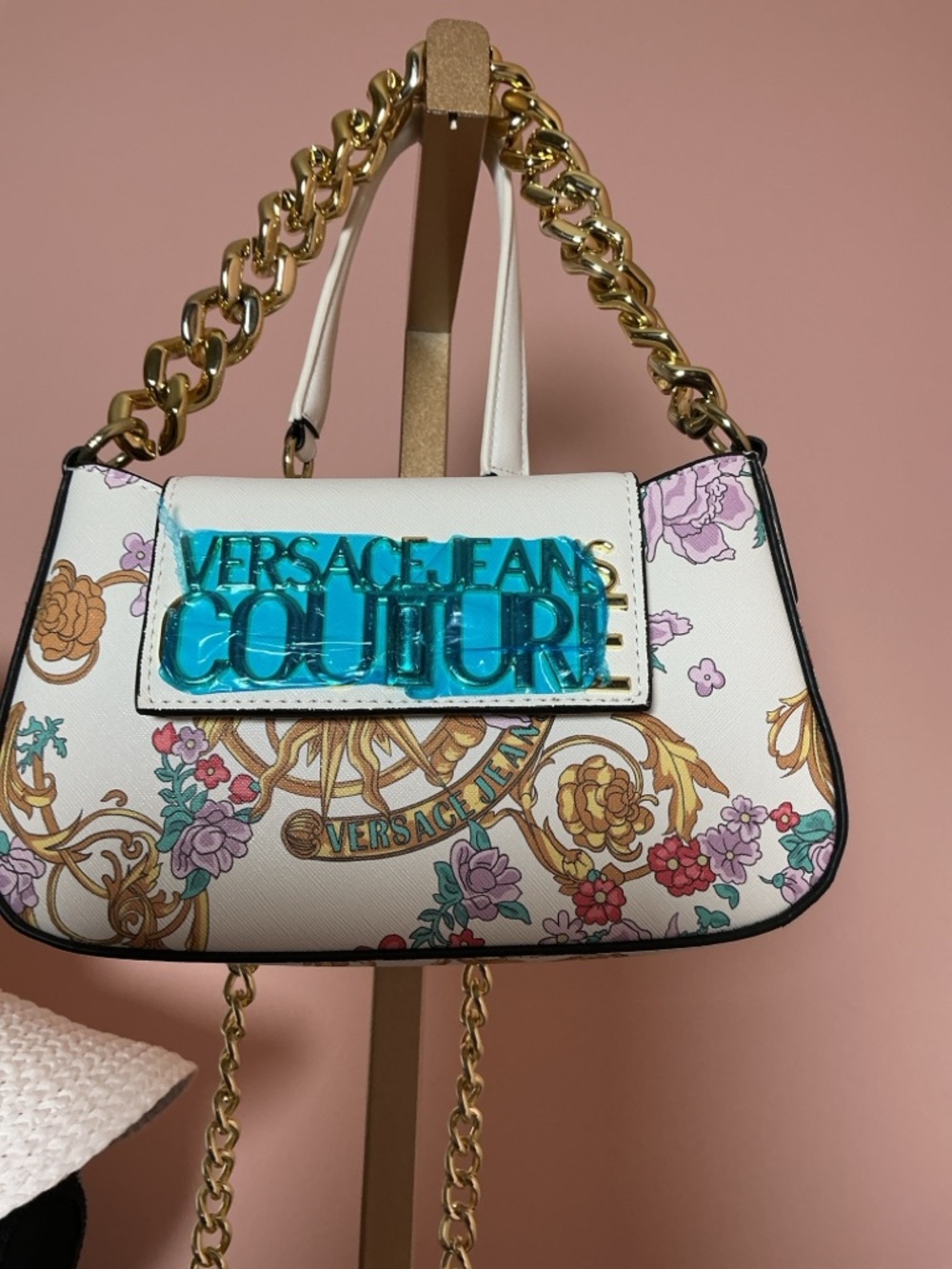 Versace Jeans Collection White Floral Logo Chain Shoulder Bag - Picture 2 of 5